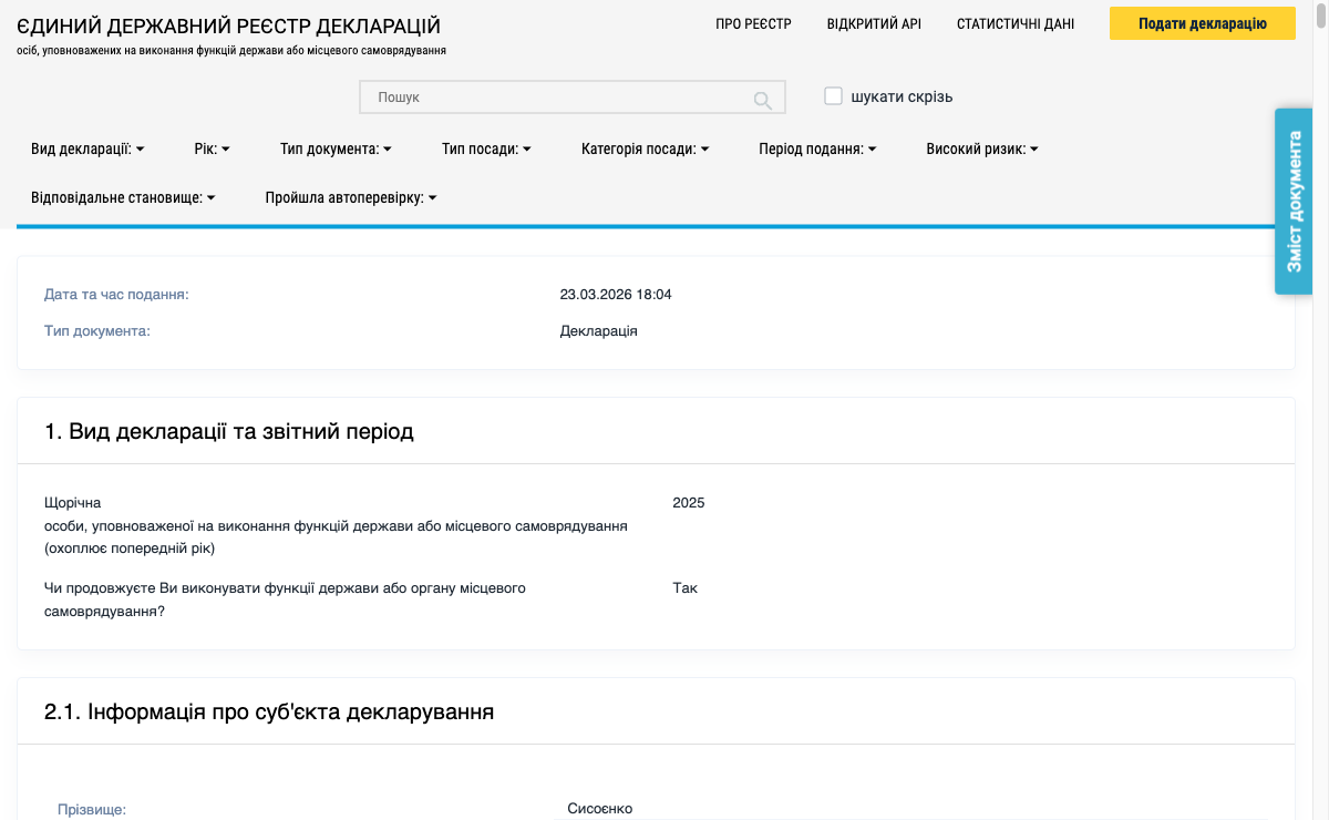 НАЗК декларація Сисоєнко